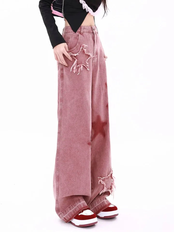 Pink Star Wide Leg Jeans-Luxandluxy