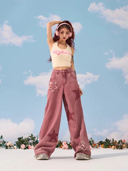 Pink Star Wide Leg Jeans-Luxandluxy