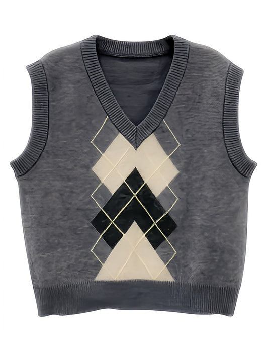 Plaid V-neck Knitted Sweater Vest-Luxandluxy