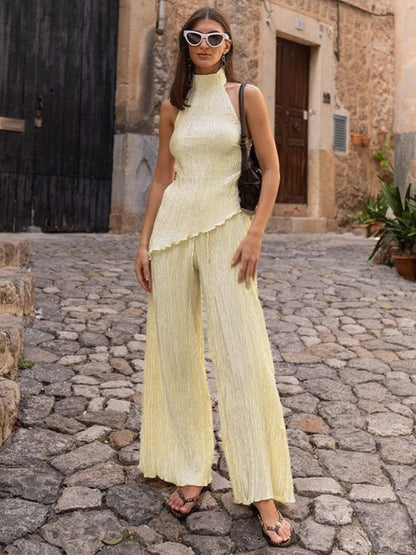 Pleated Asymmetric Halterneck Top & Pant Set-Luxandluxy