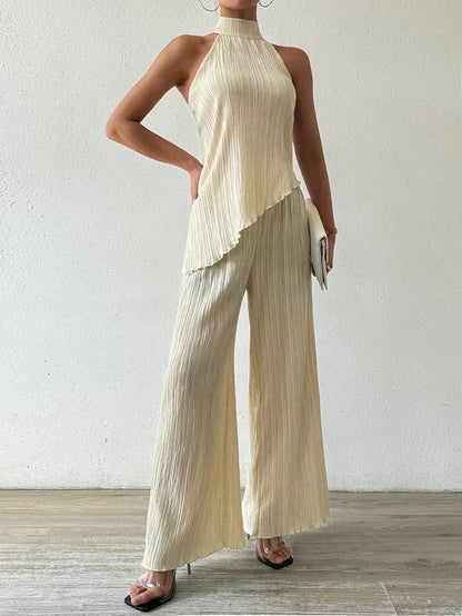 Pleated Asymmetric Halterneck Top & Pant Set-Luxandluxy