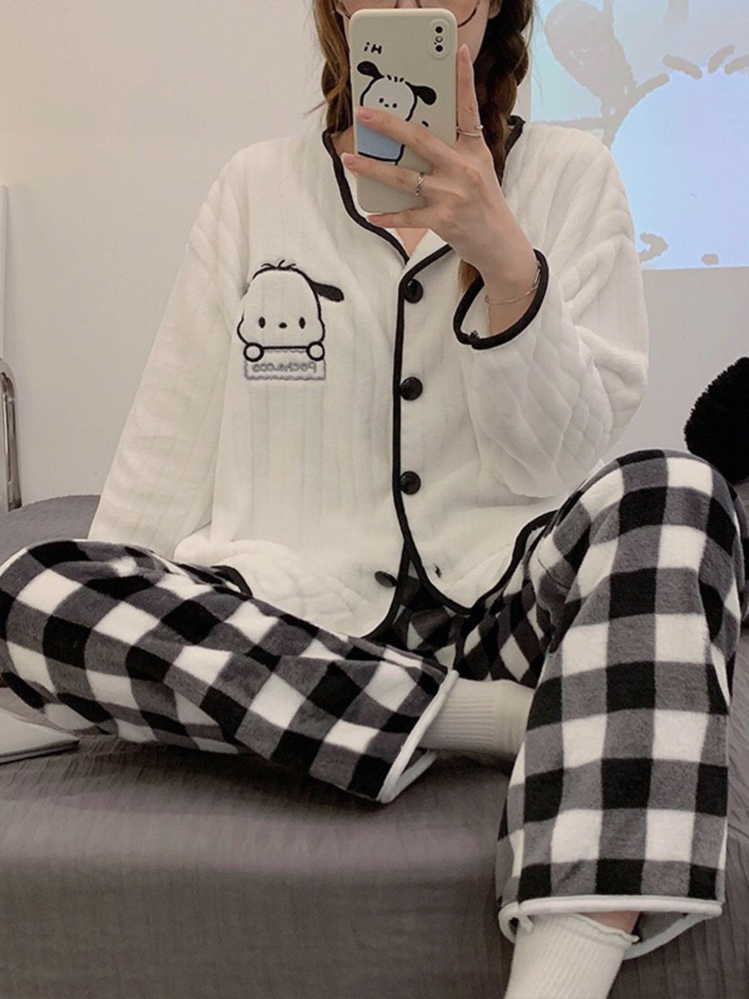 Pochacco Checkered Fleece Pajama Set-Luxandluxy