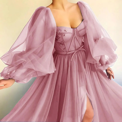 Princess Sheer Puff Sleeved Slit Dress-Luxandluxy