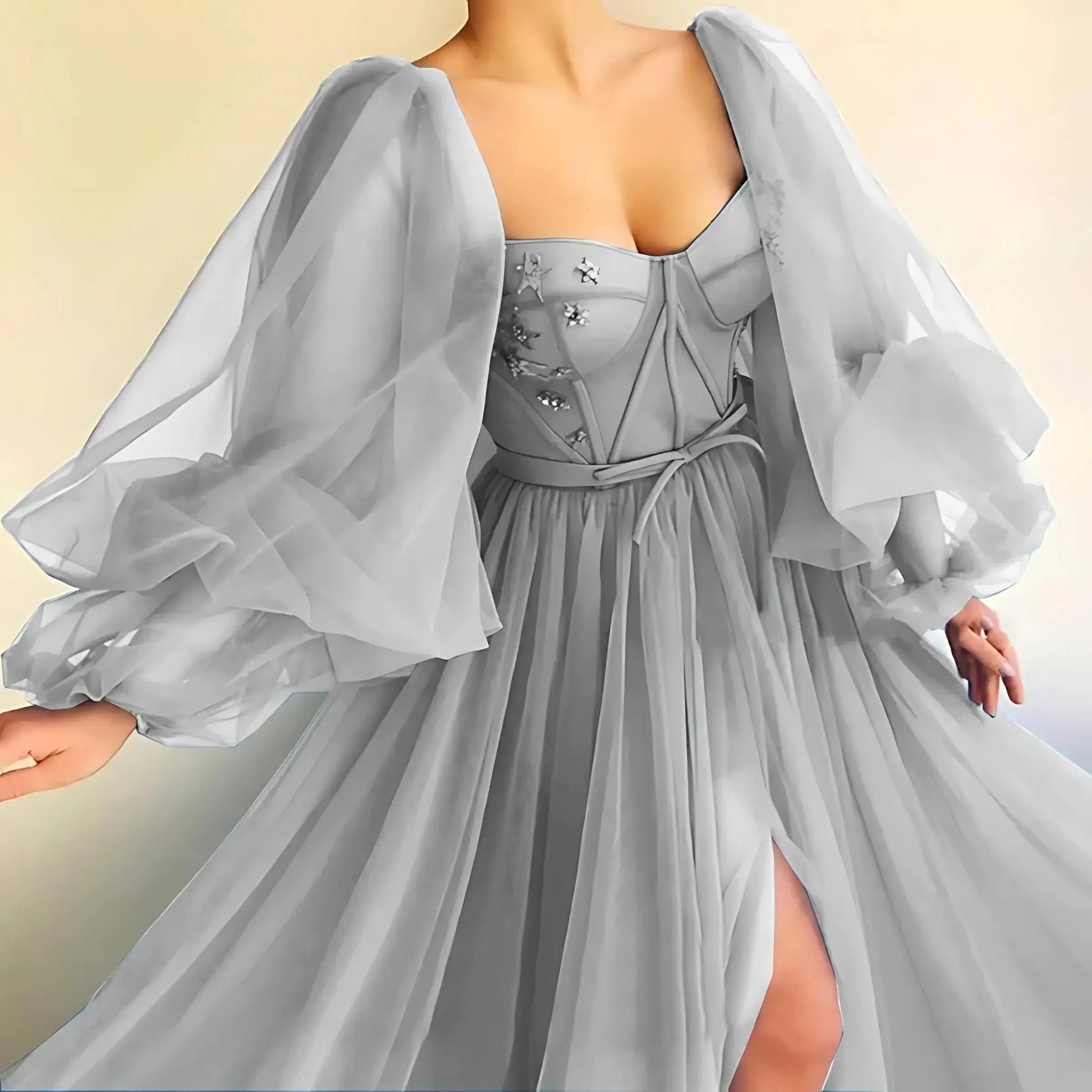 Princess Sheer Puff Sleeved Slit Dress-Luxandluxy