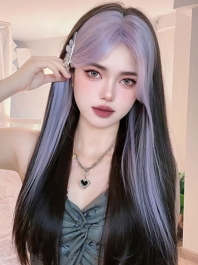 Purple Bangs Long Straight Wig-Luxandluxy