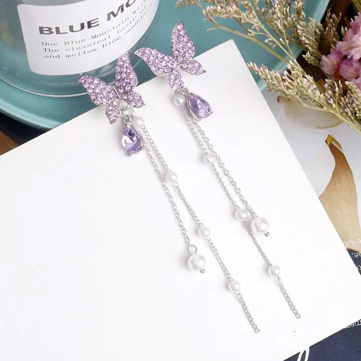 Purple Sparkling Butterfly Pearl Drop Threader Earrings-Luxandluxy