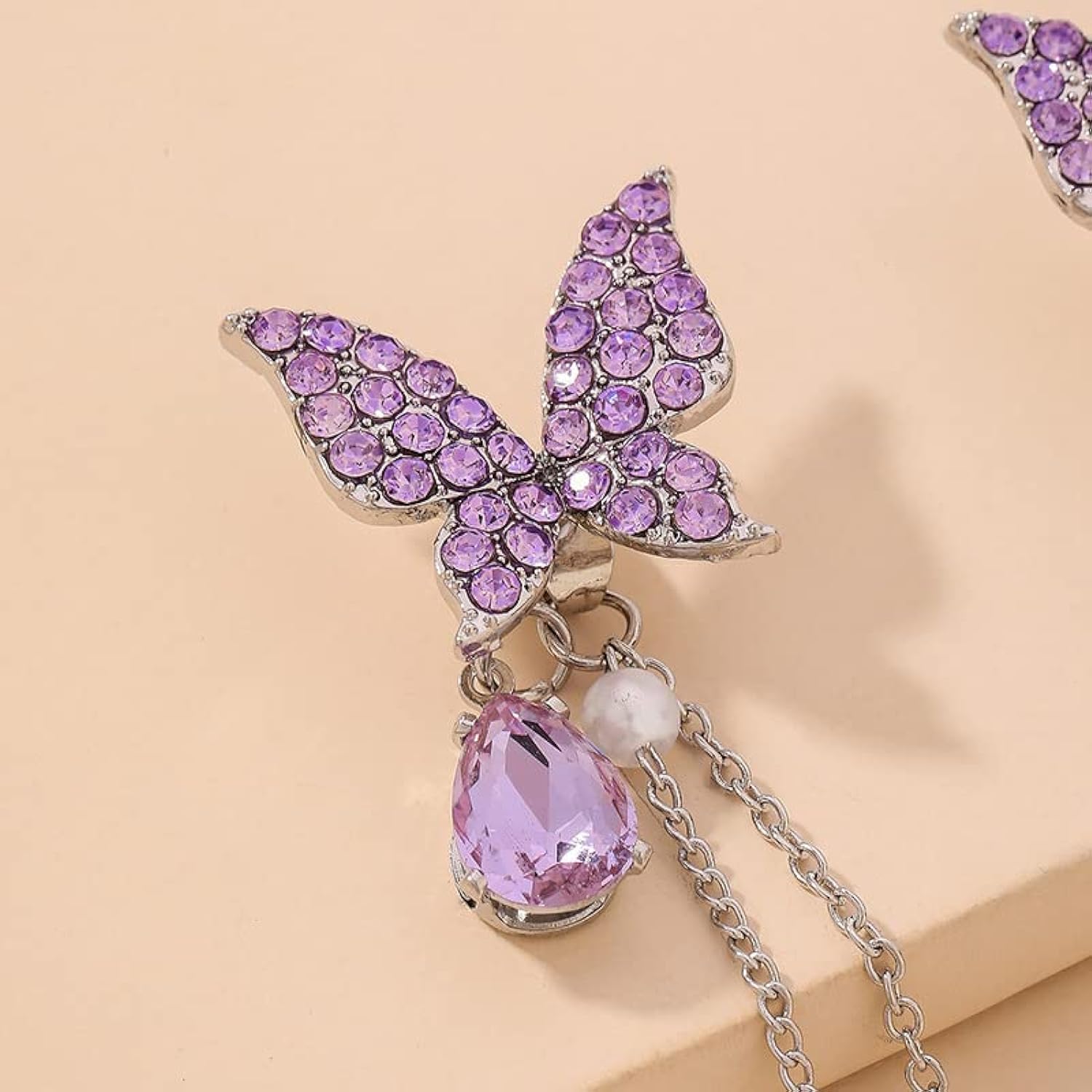 Purple Sparkling Butterfly Pearl Drop Threader Earrings-Luxandluxy