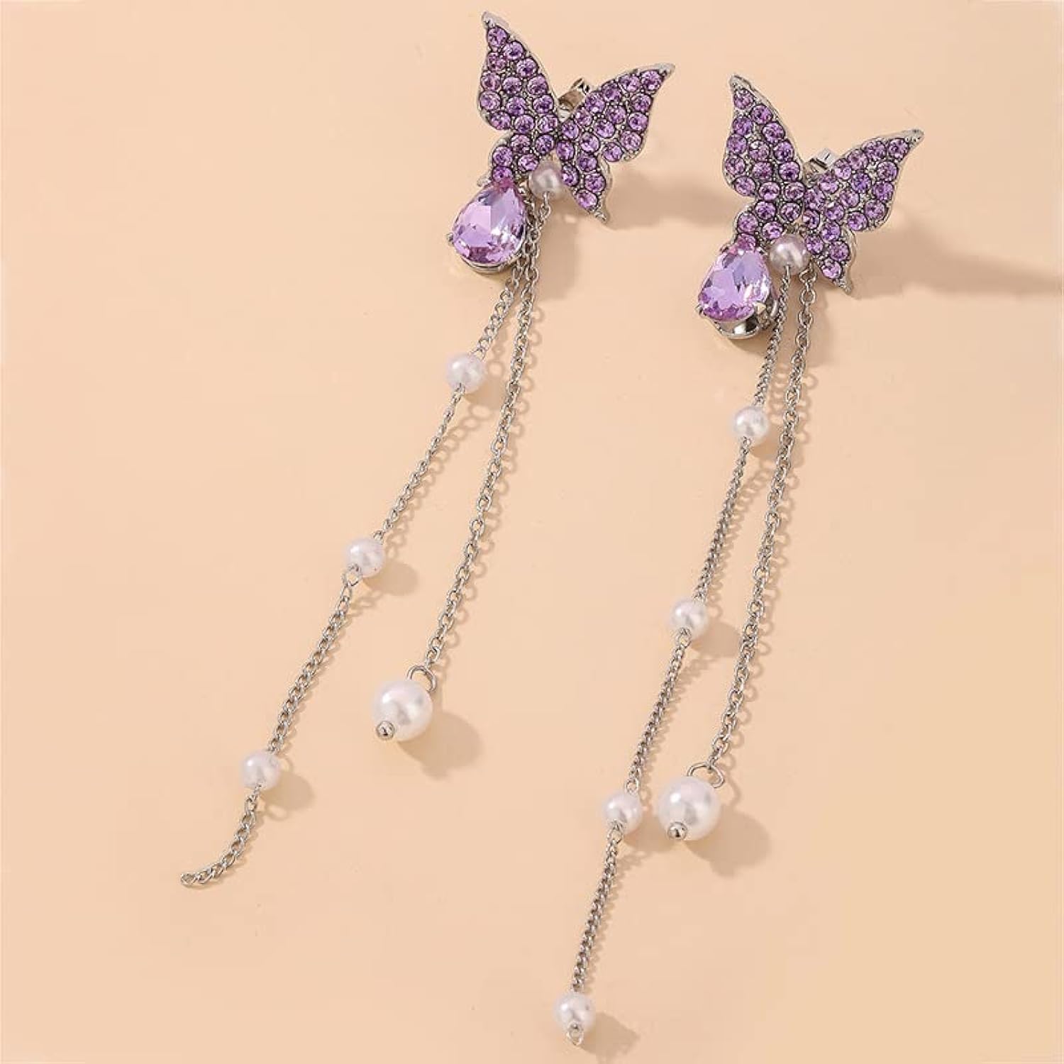 Purple Sparkling Butterfly Pearl Drop Threader Earrings-Luxandluxy