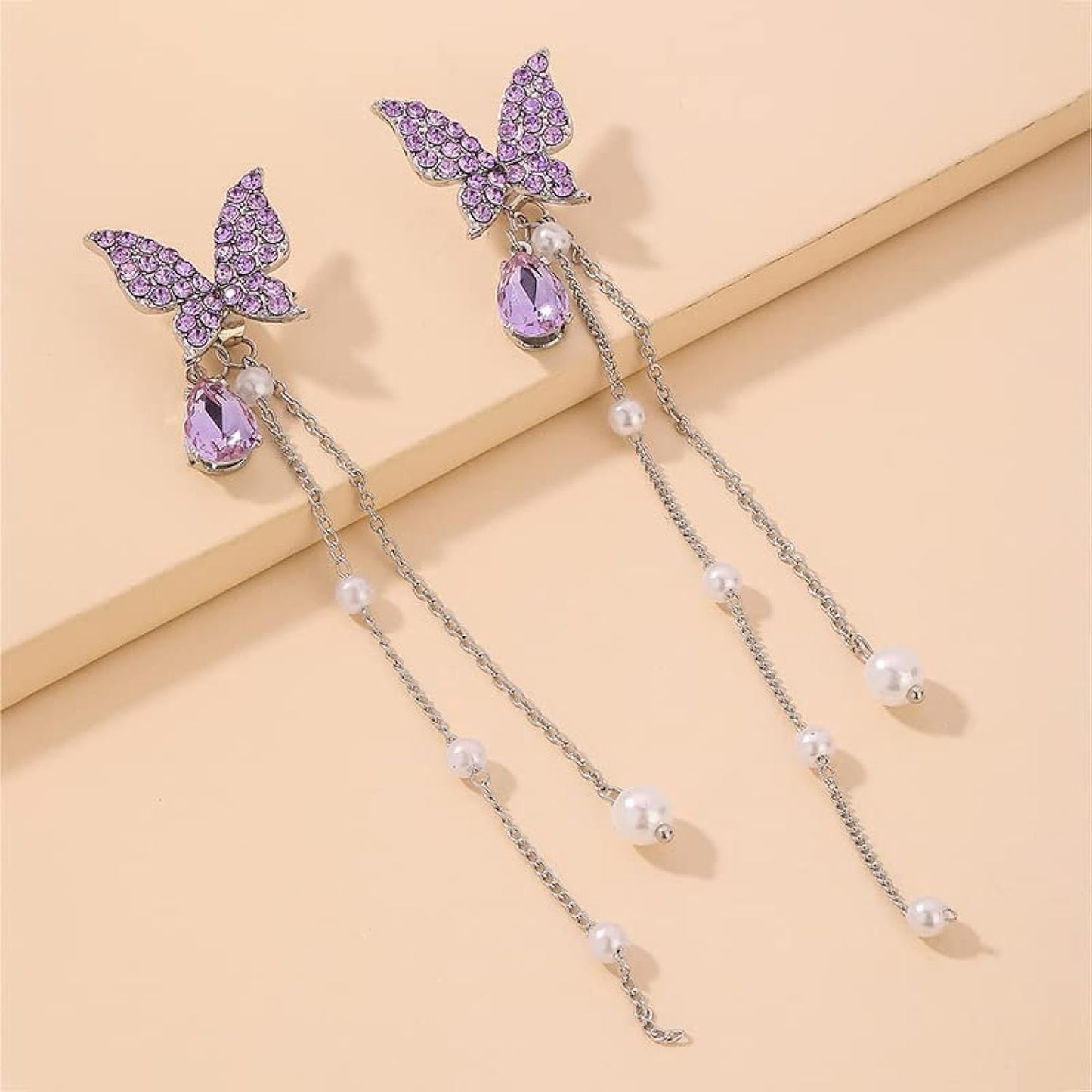 Purple Sparkling Butterfly Pearl Drop Threader Earrings-Luxandluxy