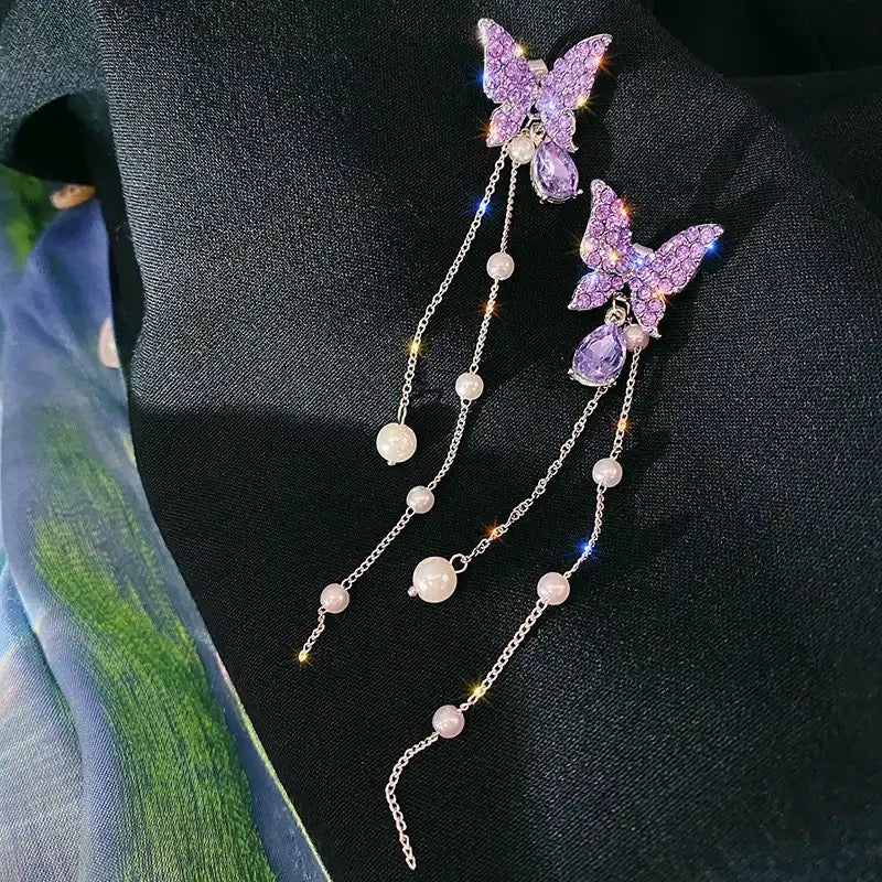 Purple Sparkling Butterfly Pearl Drop Threader Earrings-Luxandluxy