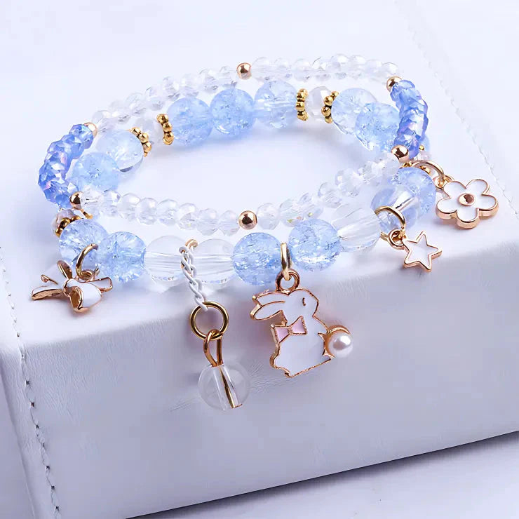 Rabbit Bow Sparkling Pearl Charm Bracelet Stack-Luxandluxy