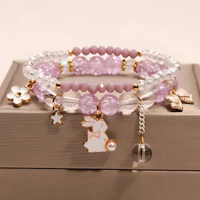 Rabbit Bow Sparkling Pearl Charm Bracelet Stack-Luxandluxy