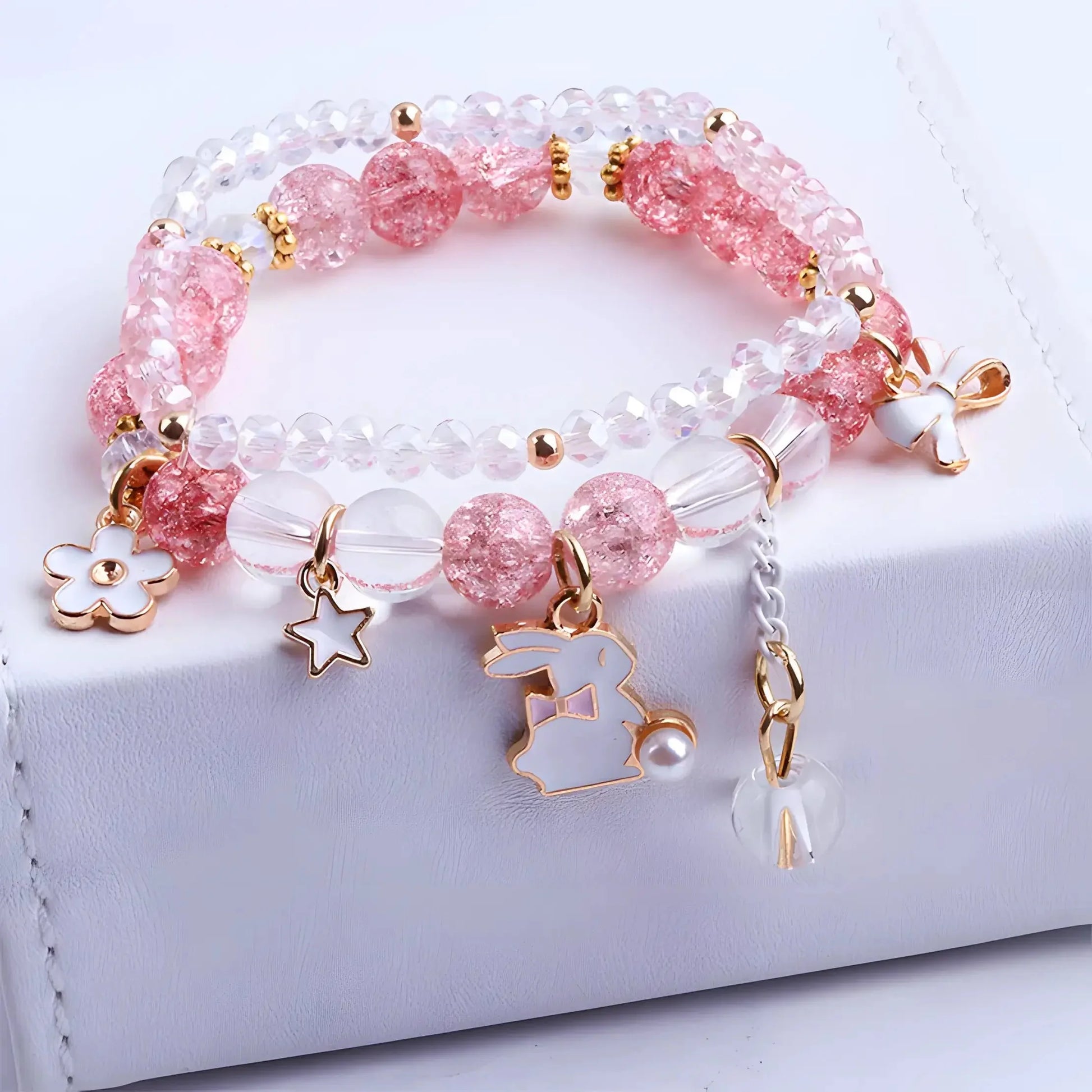 Rabbit Bow Sparkling Pearl Charm Bracelet Stack-Luxandluxy