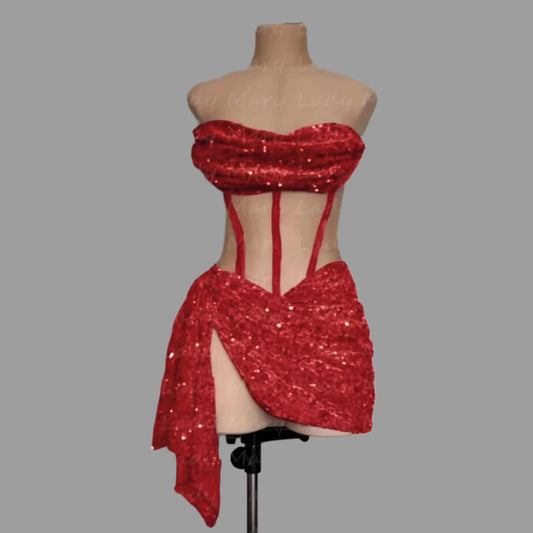 Red Sequin Sheer Cocktail Dress-Luxandluxy