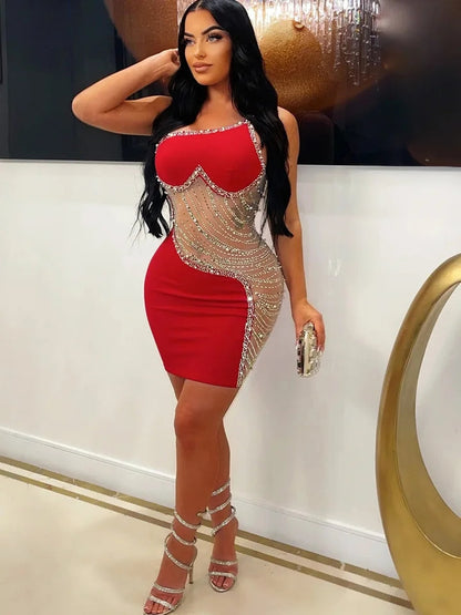 Rhinestone Mesh Cutout One Shoulder Mini Dress-Luxandluxy