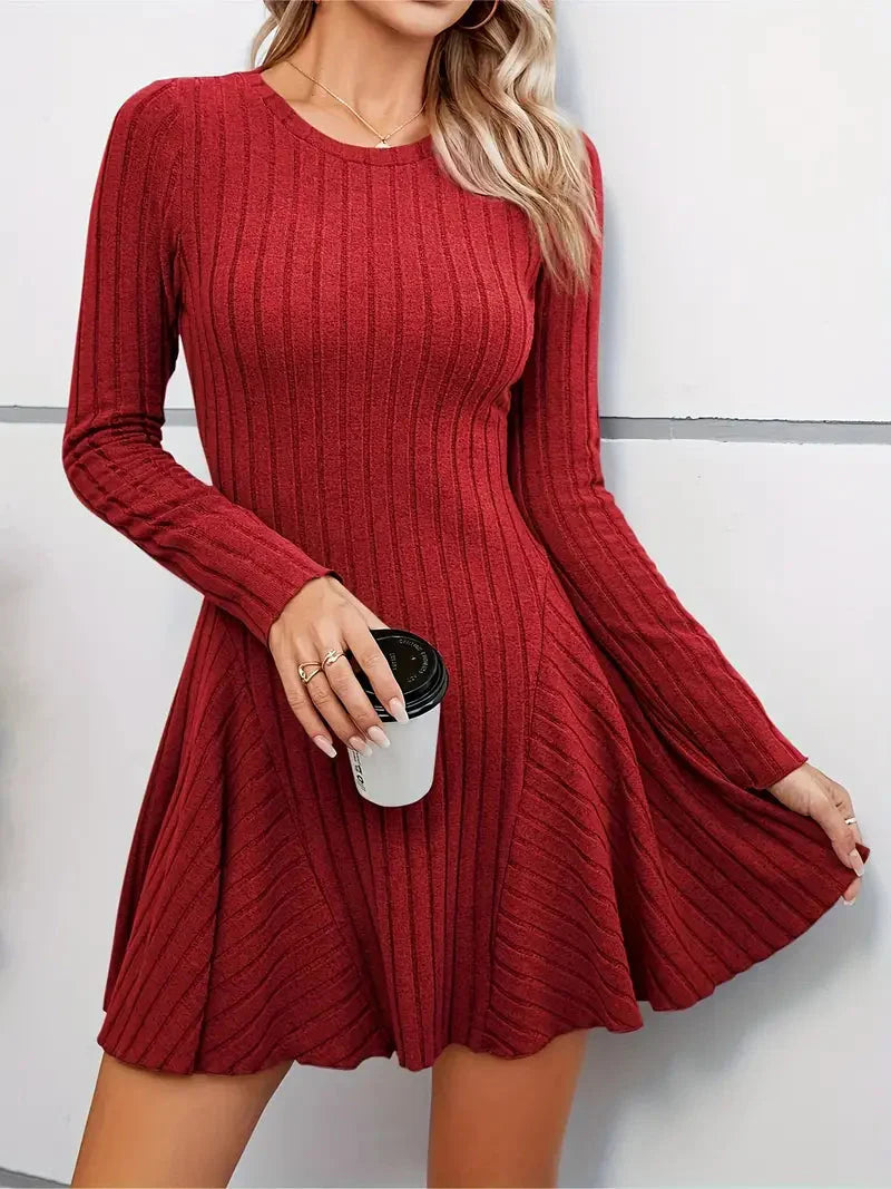 Rib Knit Flare Sweater Dress-Luxandluxy