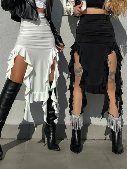 Ruffle High Slit Skirt-Luxandluxy