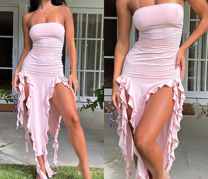 Ruffle High Slit Tube Dress-Luxandluxy