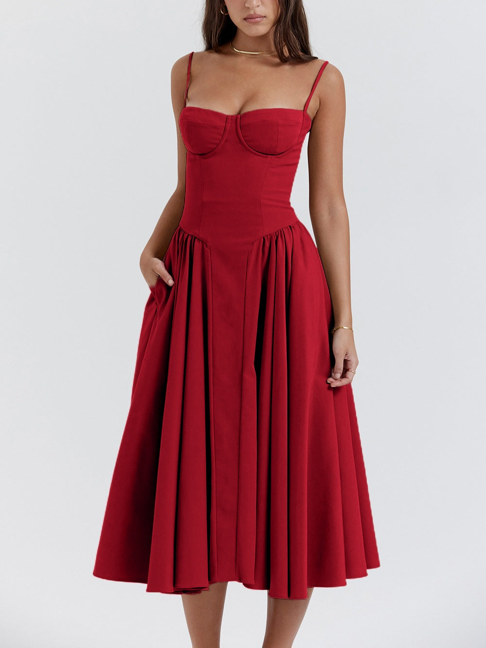 Samaria Red Corset Midi Sundress-Luxandluxy