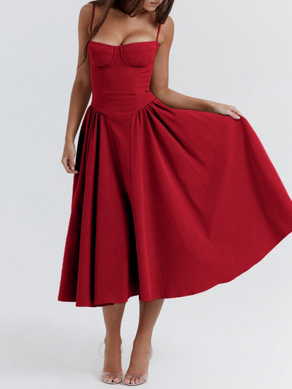 Samaria Red Corset Midi Sundress-Luxandluxy