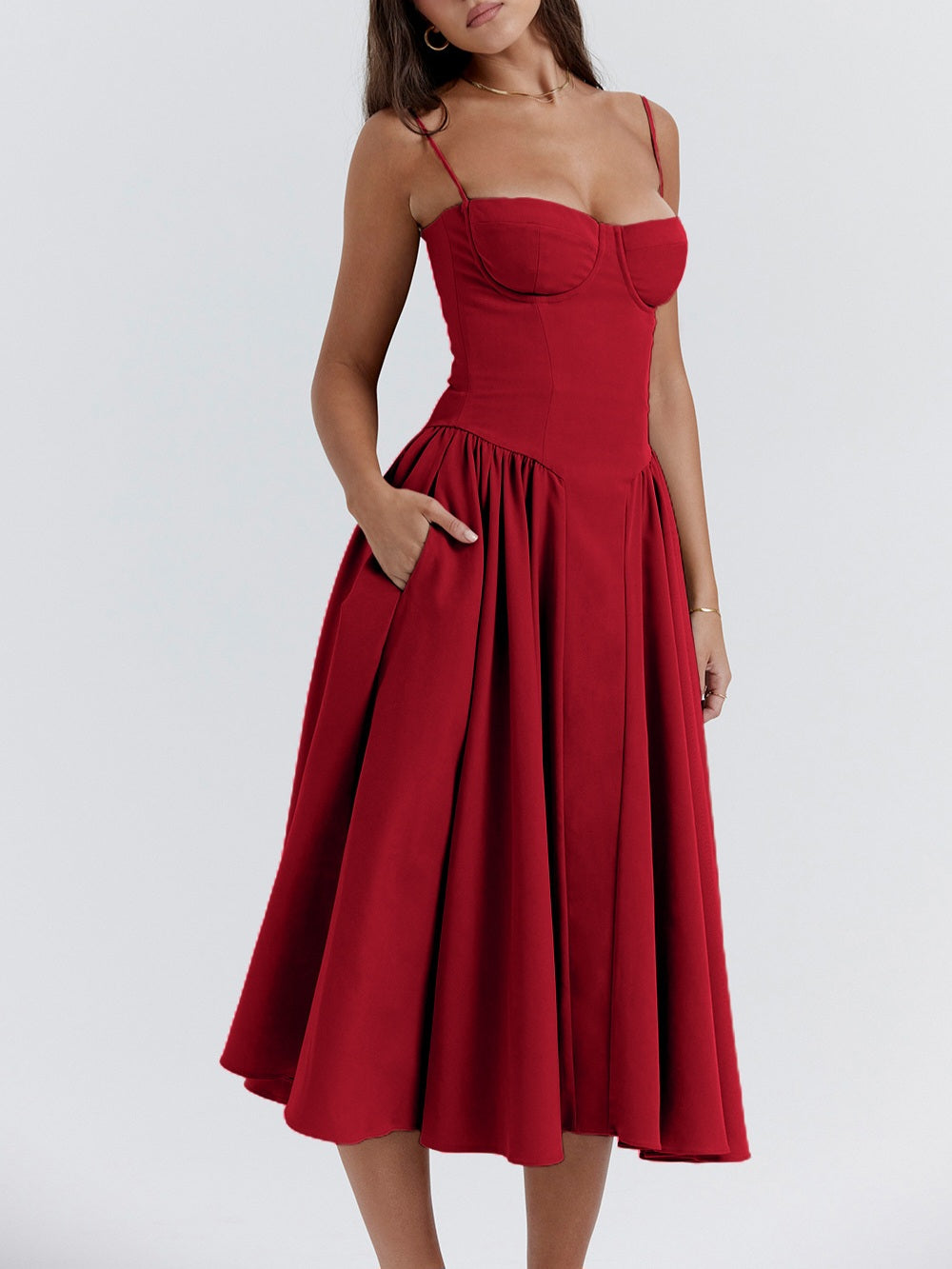 Samaria Red Corset Midi Sundress-Luxandluxy