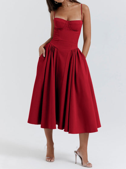 Samaria Red Corset Midi Sundress-Luxandluxy