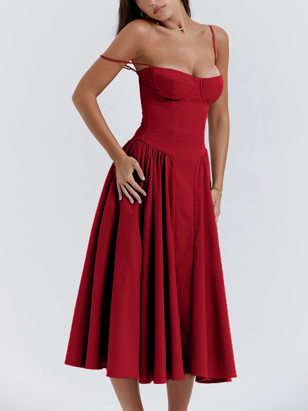 Samaria Red Corset Midi Sundress-Luxandluxy