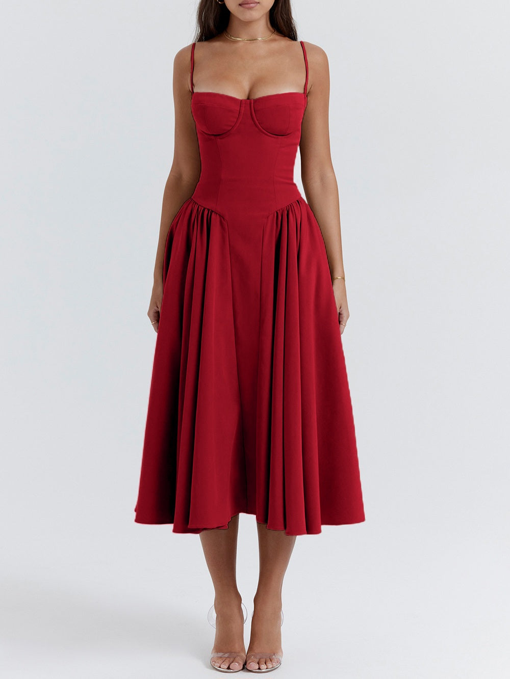 Samaria Red Corset Midi Sundress-Luxandluxy