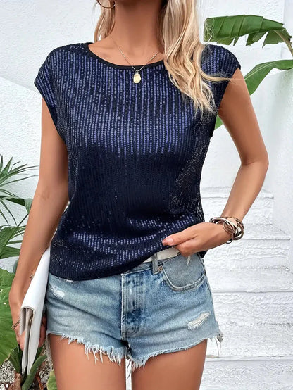 Sequins Cap Sleeve Round Neck Shirt-Luxandluxy