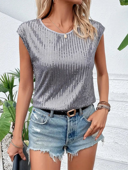 Sequins Cap Sleeve Round Neck Shirt-Luxandluxy