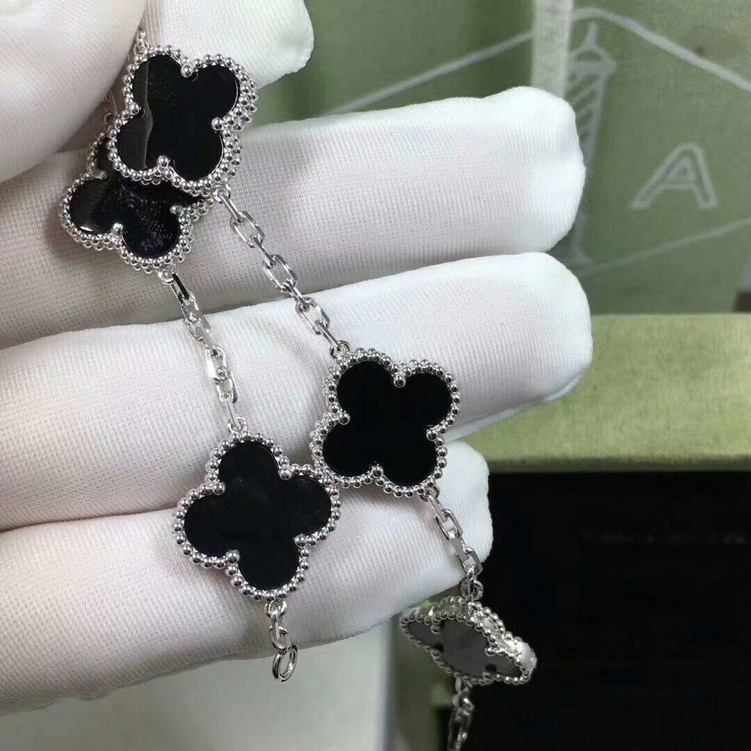 Silver Black 5 Motif Clover Bracelet-Luxandluxy