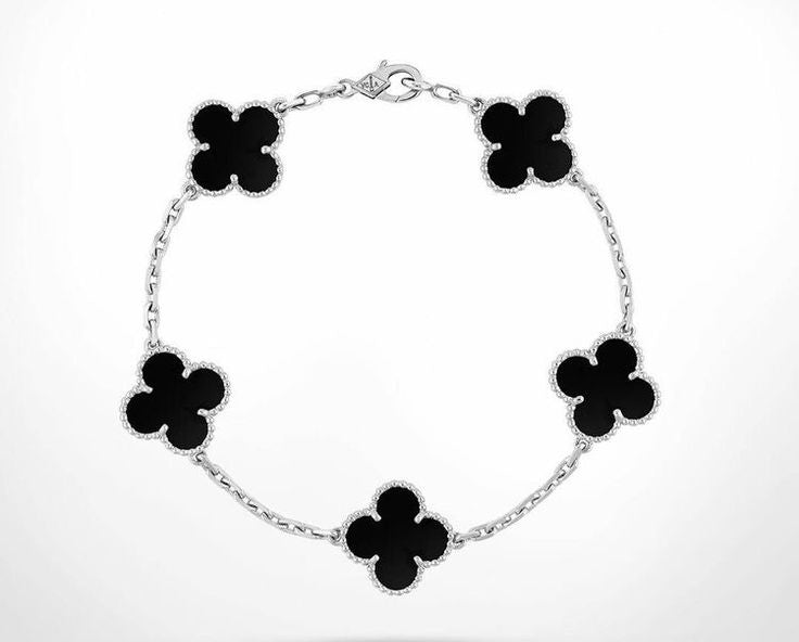 Silver Black 5 Motif Clover Bracelet-Luxandluxy