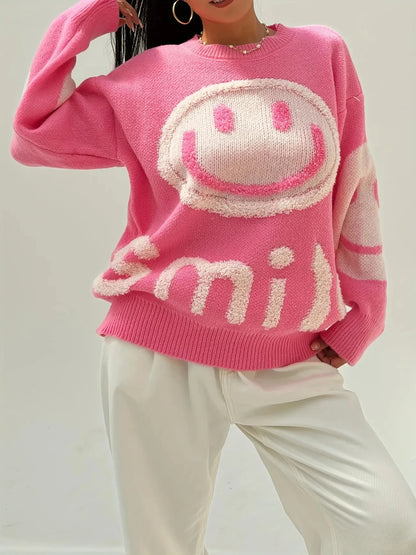 Smile Face Crew Neck Sweater-Luxandluxy