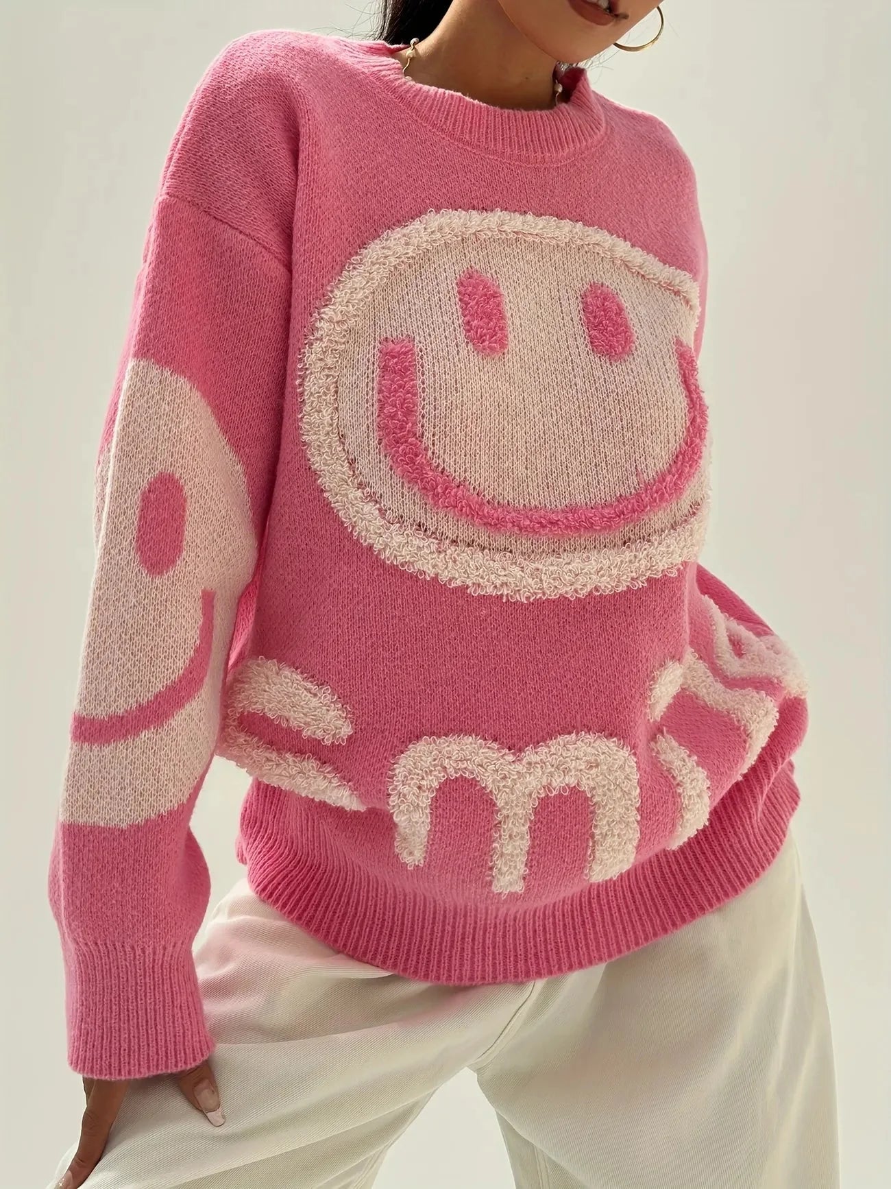 Smile Face Crew Neck Sweater-Luxandluxy