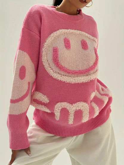 Smile Face Crew Neck Sweater-Luxandluxy