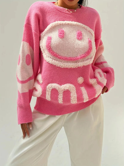 Smile Face Crew Neck Sweater-Luxandluxy