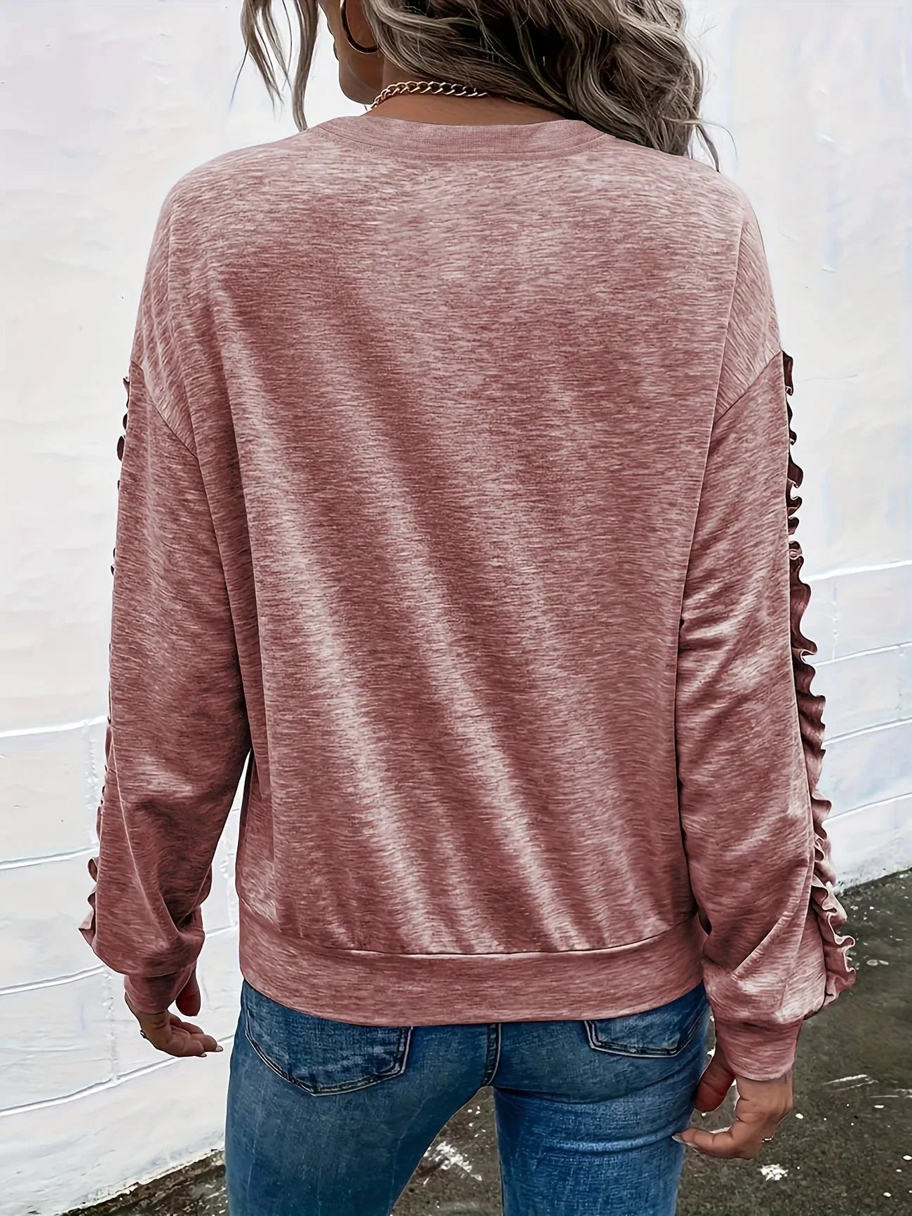 Solid Crew Neck Pleated Casual Sweatshirt-Luxandluxy