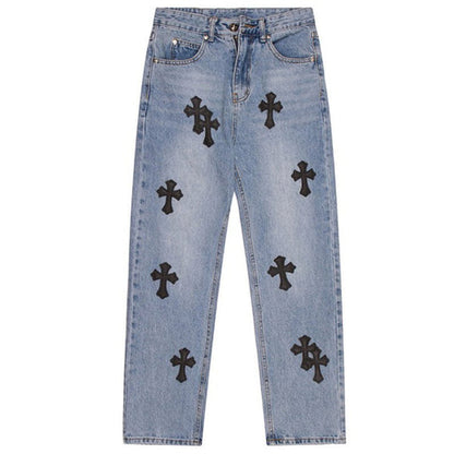 Straight Leg Jeans Cross Patch-Luxandluxy