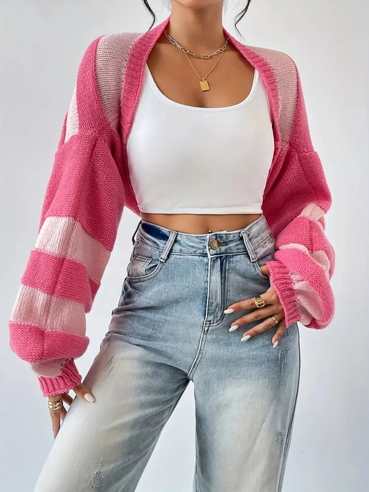 Striped Colorblock Oversized Cropped Cardigan-Luxandluxy