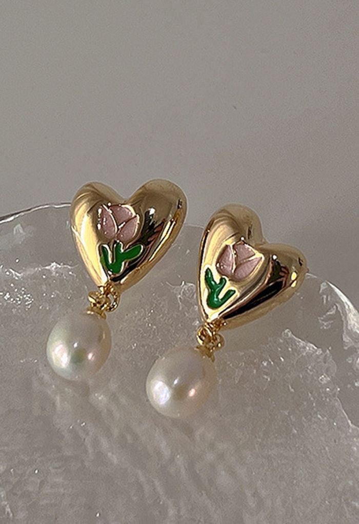 Tulip Heart Pearl Earrings-Luxandluxy