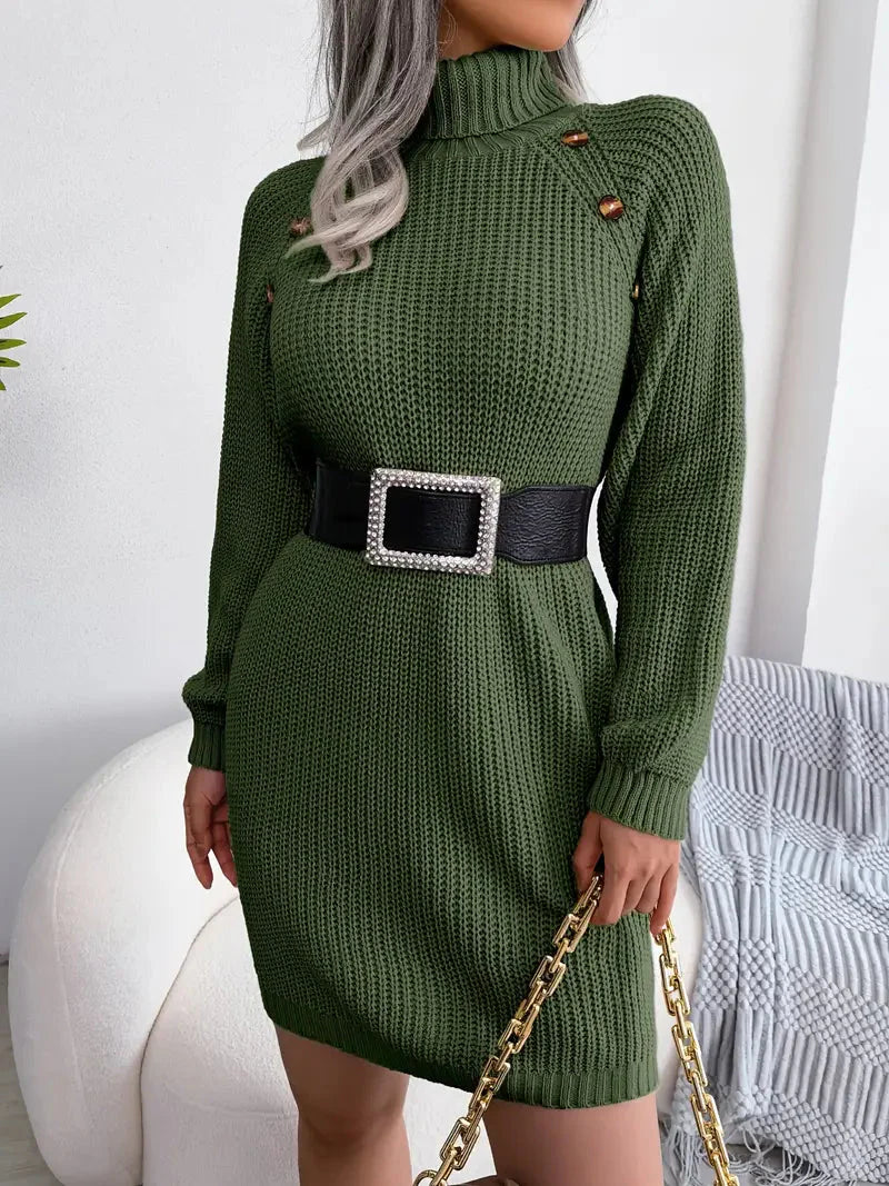 Turtleneck Bodycon Button Slim Sweater Dress-Luxandluxy