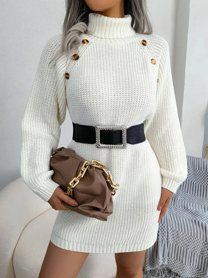 Turtleneck Bodycon Button Slim Sweater Dress-Luxandluxy