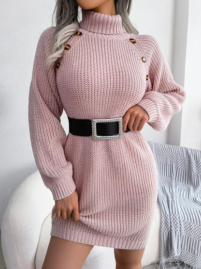 Turtleneck Bodycon Button Slim Sweater Dress-Luxandluxy