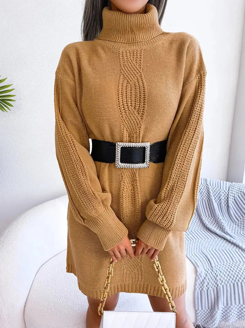 Turtleneck Bodycon Button Slim Sweater Dress-Luxandluxy