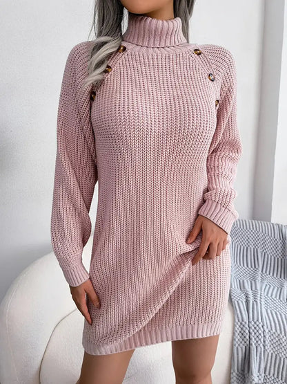 Turtleneck Bodycon Button Slim Sweater Dress-Luxandluxy