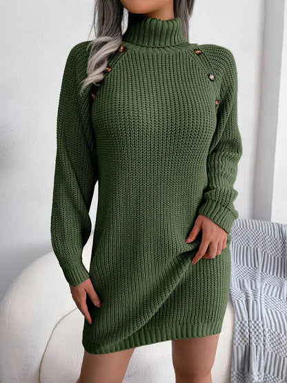 Turtleneck Bodycon Button Slim Sweater Dress-Luxandluxy