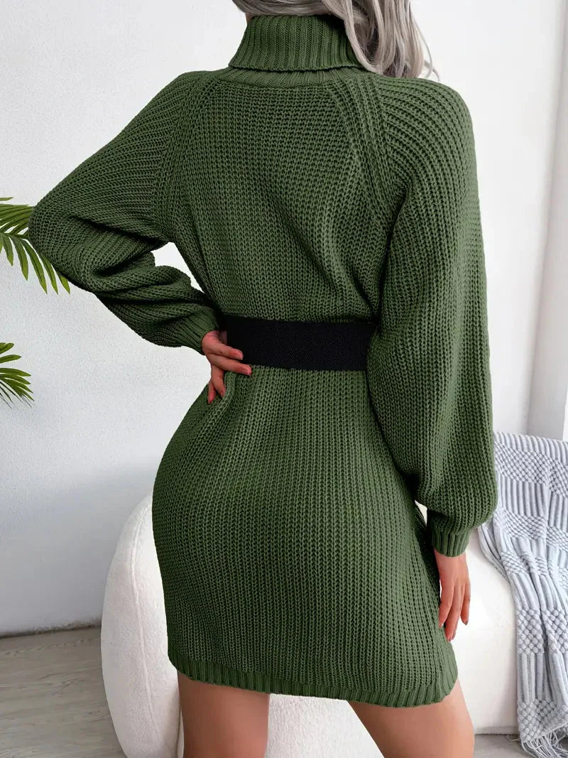 Turtleneck Bodycon Button Slim Sweater Dress-Luxandluxy