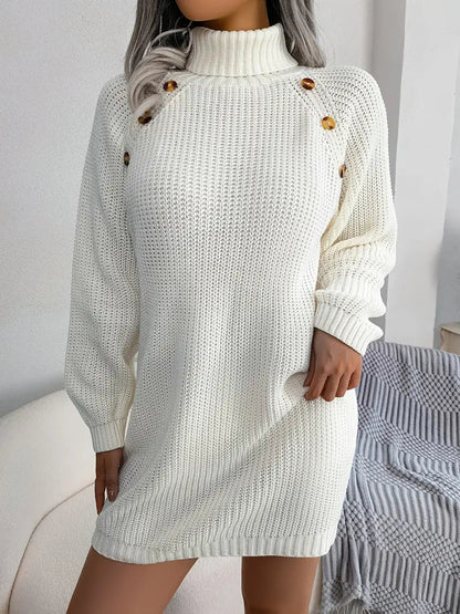 Turtleneck Bodycon Button Slim Sweater Dress-Luxandluxy