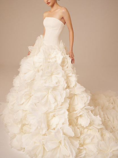 White 3D Floral Strapless Wedding Dress-Luxandluxy