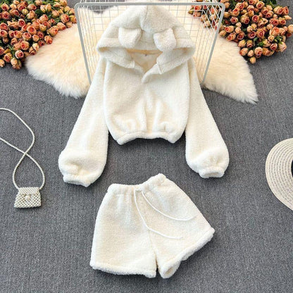 White Bear Ears Hoodie & Short Set-Luxandluxy